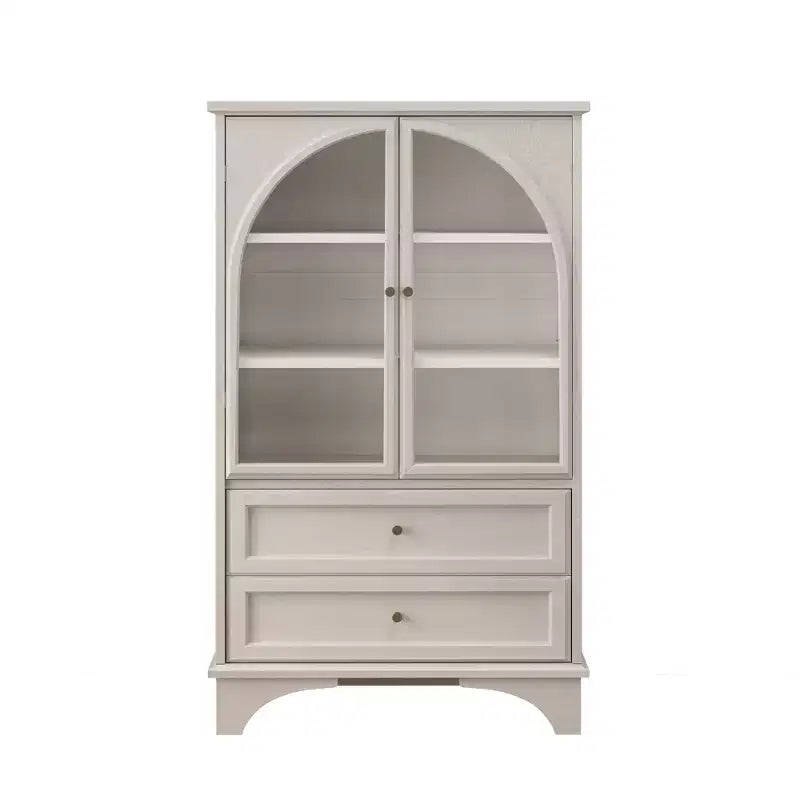 Vitrine de présentation blanche de 132 cm de haut avec porte en verre, 2 tiroirs et étagères réglables