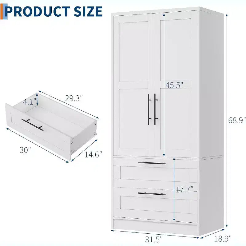 Armoire penderie en bois blanc avec 2 portes, 2 tiroirs et tringle de suspension