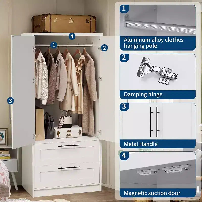 Armoire penderie en bois blanc avec 2 portes, 2 tiroirs et tringle de suspension