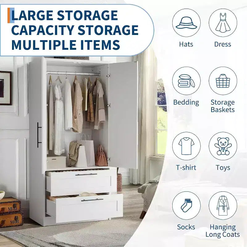 Armoire penderie en bois blanc avec 2 portes, 2 tiroirs et tringle de suspension