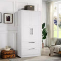 Armoire penderie en bois blanc avec 2 portes, 2 tiroirs et tringle de suspension