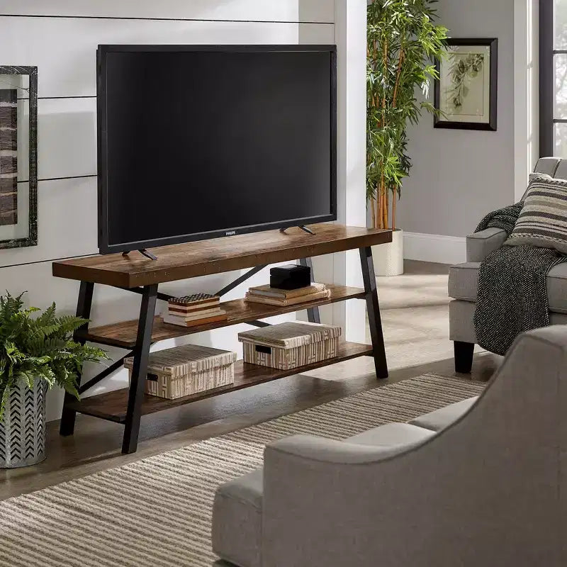 Meuble TV rustique avec base en X, 60 po, brun