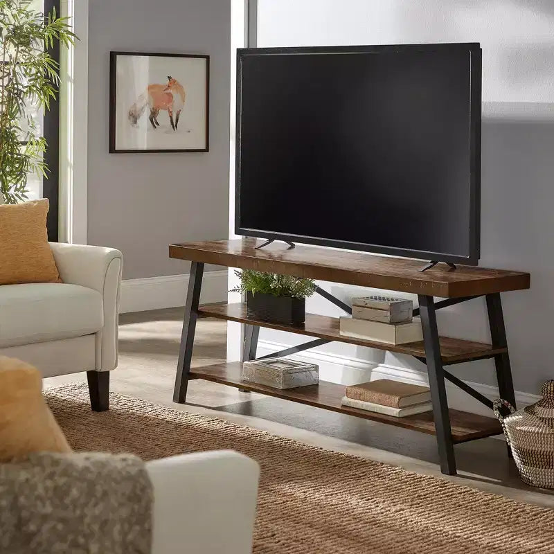 Meuble TV rustique avec base en X, 60 po, brun