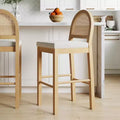 Tabouret de bar hauteur comptoir, dossier en rotin chêne avec assise en bouclette crème