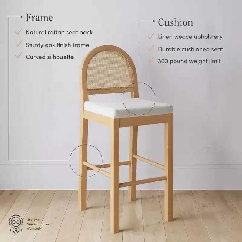 Tabouret de bar hauteur comptoir, dossier en rotin chêne avec assise en bouclette crème