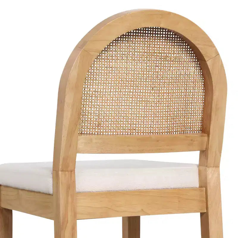 Tabouret de bar hauteur comptoir, dossier en rotin chêne avec assise en bouclette crème