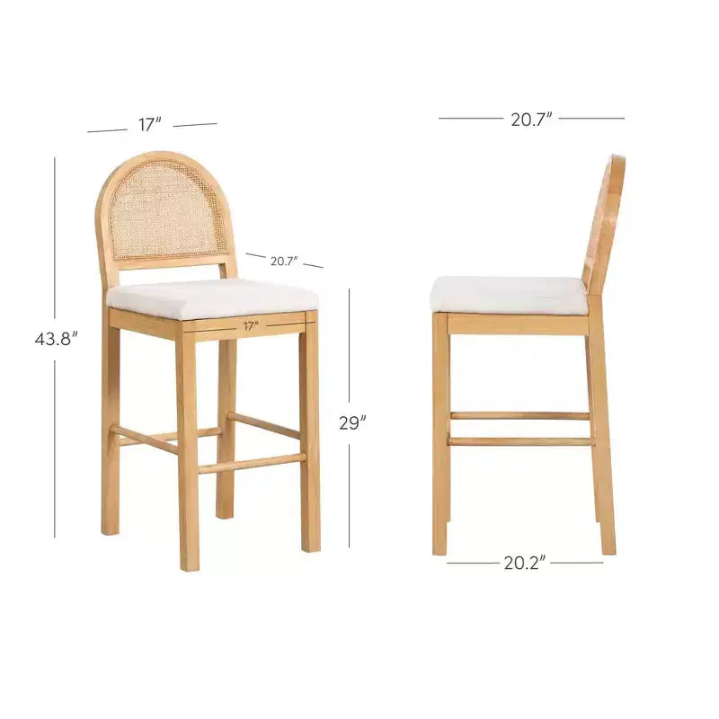 Tabouret de bar hauteur comptoir, dossier en rotin chêne avec assise en bouclette crème