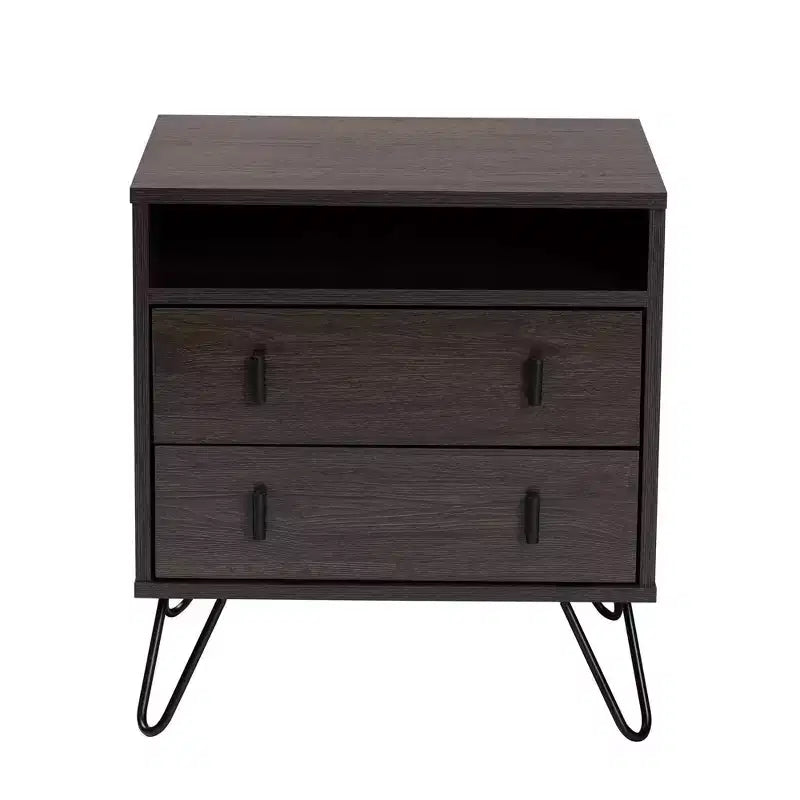 Table de chevet à 2 tiroirs en bois et métal marron/noir avec étagère ouverte
