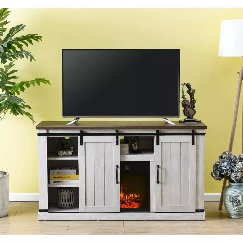 Meuble TV avec cheminée électrique et portes de grange pour téléviseurs jusqu'à 60 pouces