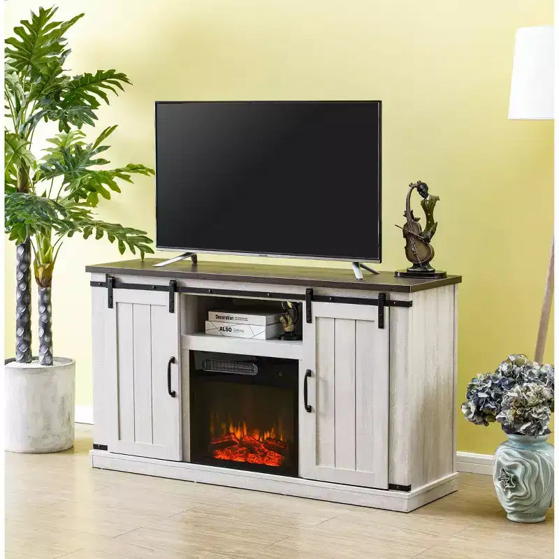 Meuble TV avec cheminée électrique et portes de grange pour téléviseurs jusqu'à 60 pouces