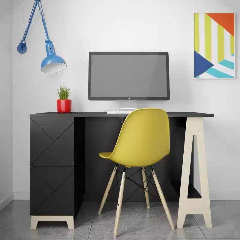 Bureau à 2 tiroirs, noir/contreplaqué de bouleau avec étagère de rangement ouverte