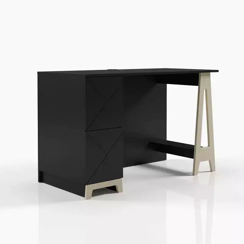 Bureau à 2 tiroirs, noir/contreplaqué de bouleau avec étagère de rangement ouverte