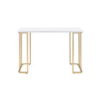 Bureau blanc/doré, piètement luge en métal, 122 cm de large