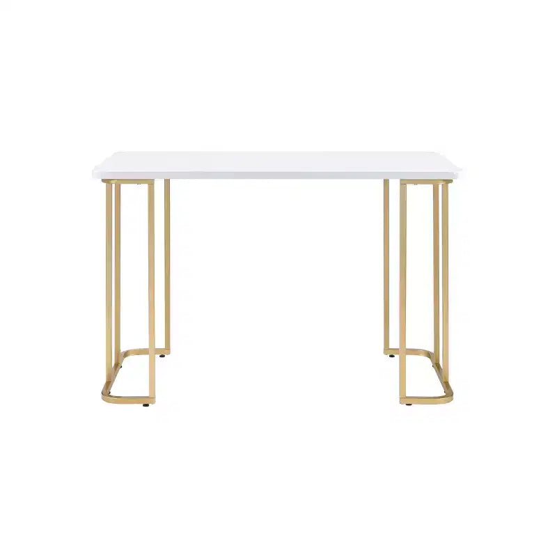 Bureau blanc/doré, piètement luge en métal, 122 cm de large