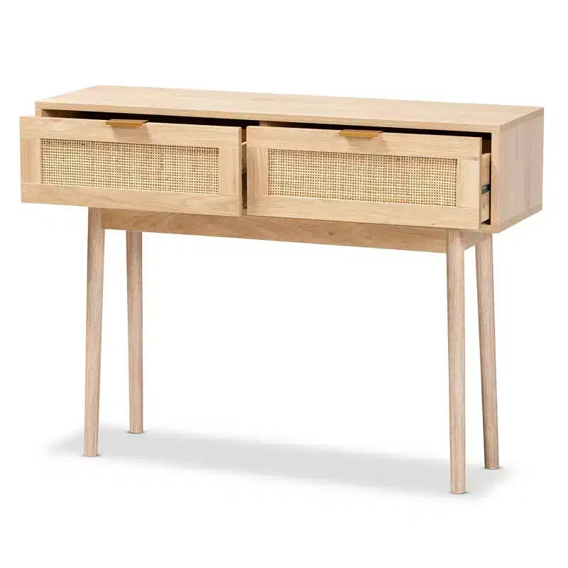 Console en bois et rotin à 2 tiroirs, marron avec poignées dorées
