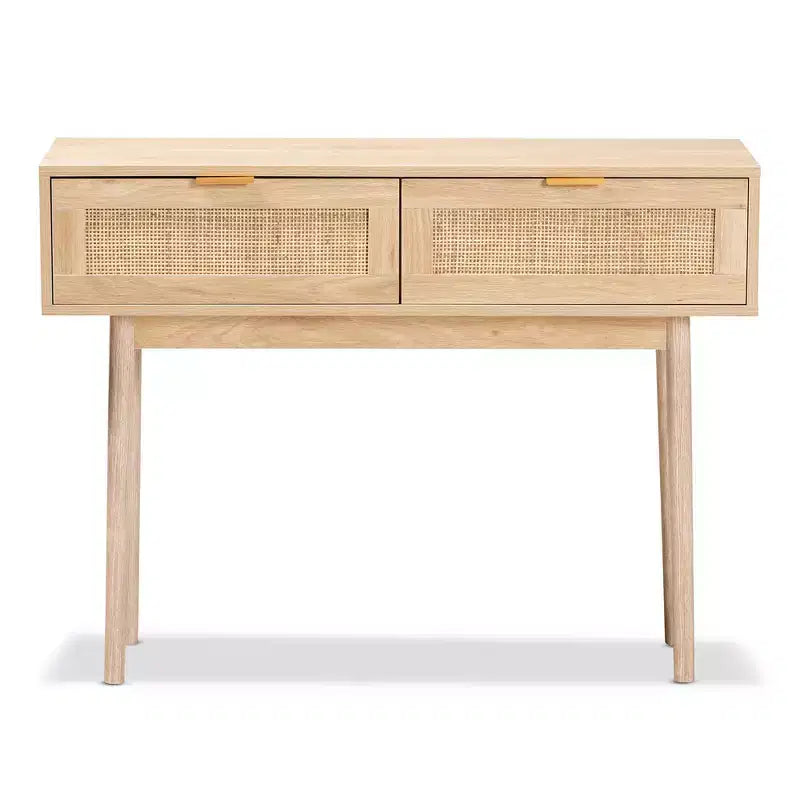 Console en bois et rotin à 2 tiroirs, marron avec poignées dorées
