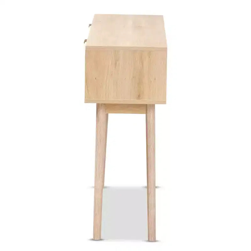 Console en bois et rotin à 2 tiroirs, marron avec poignées dorées