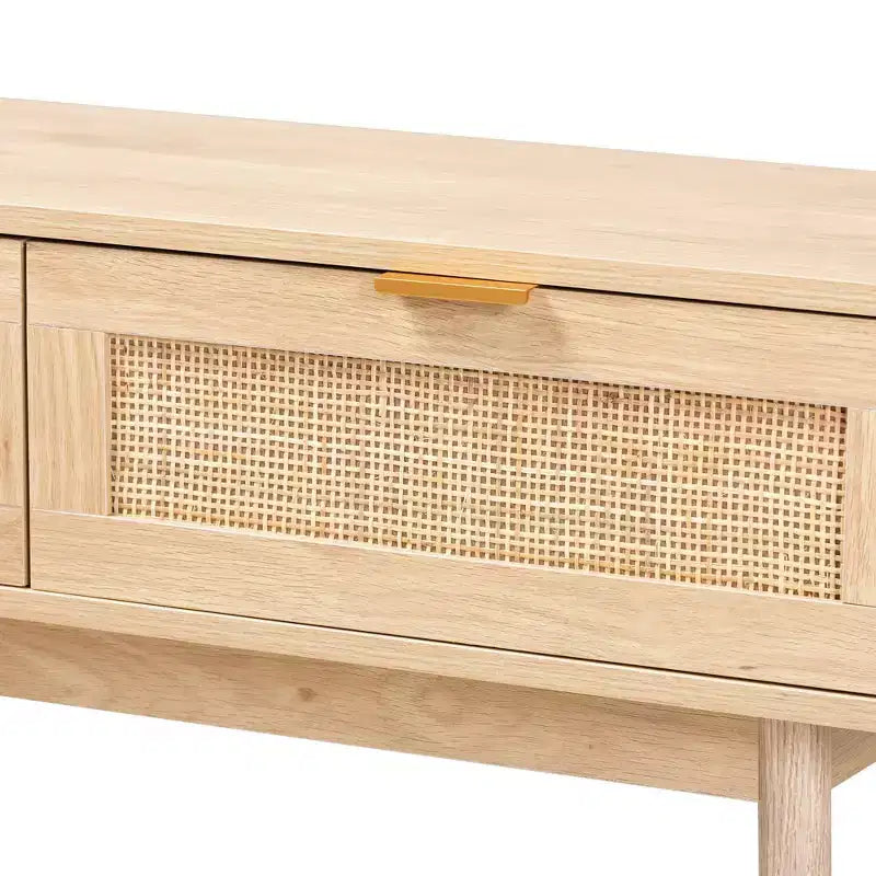 Console en bois et rotin à 2 tiroirs, marron avec poignées dorées
