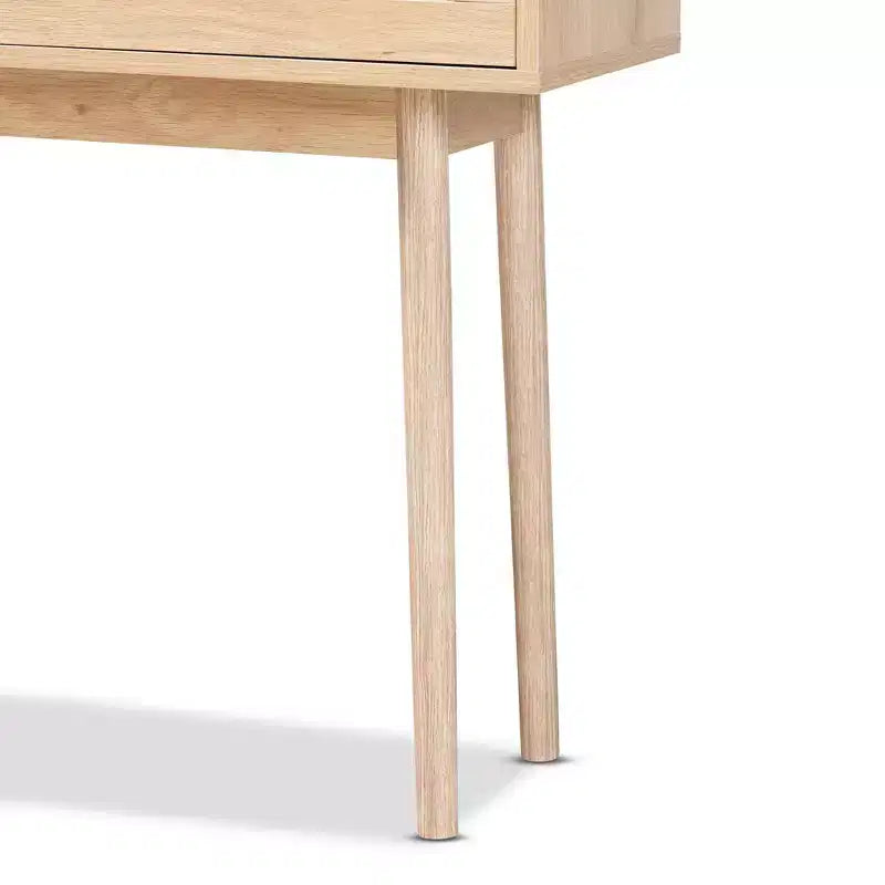 Console en bois et rotin à 2 tiroirs, marron avec poignées dorées