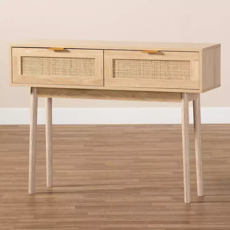 Console en bois et rotin à 2 tiroirs, marron avec poignées dorées