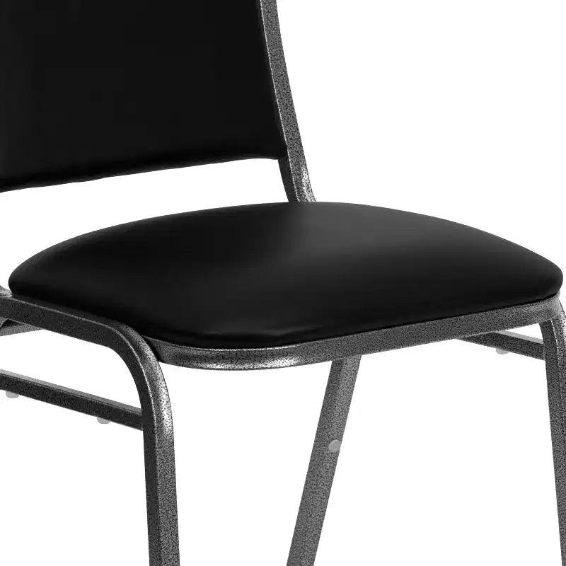 Chaise de banquet empilable, vinyle noir avec cadre veiné argenté
