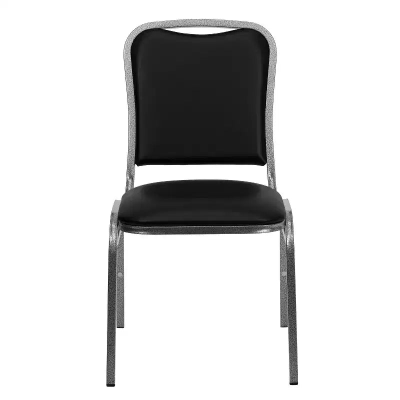Chaise de banquet empilable, vinyle noir avec cadre veiné argenté