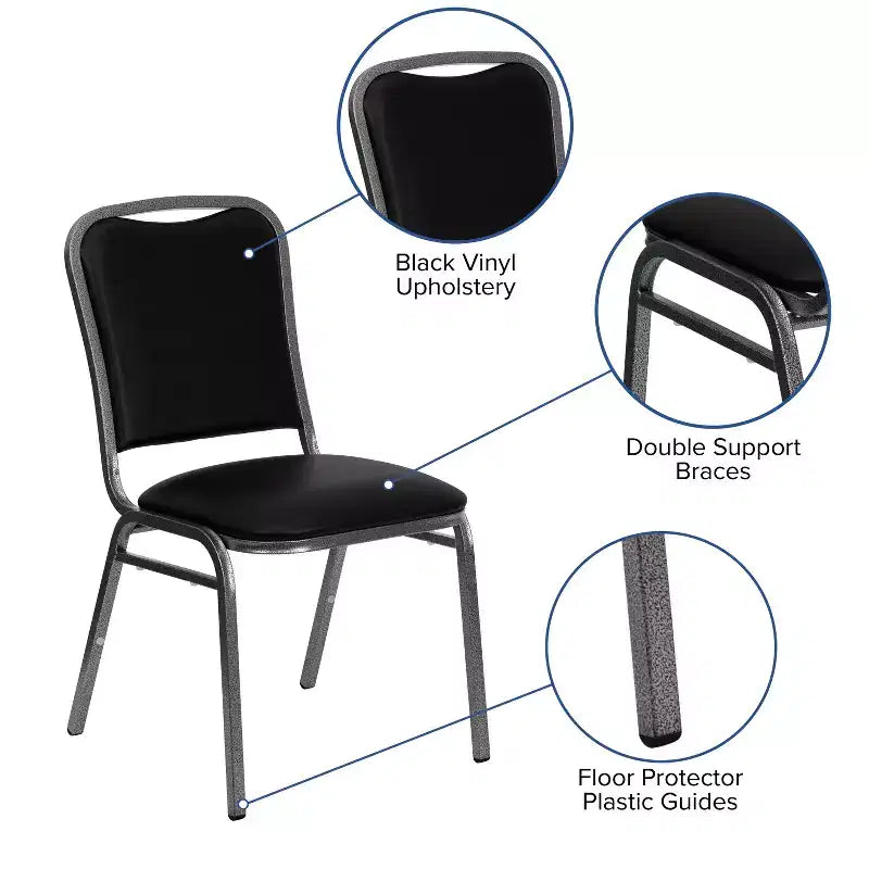 Chaise de banquet empilable, vinyle noir avec cadre veiné argenté