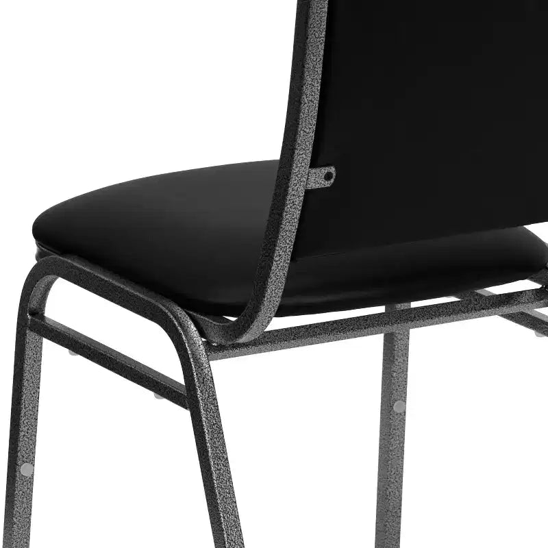 Chaise de banquet empilable, vinyle noir avec cadre veiné argenté