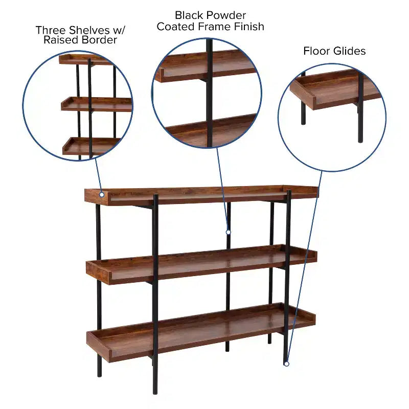 Bibliothèque rustique en grain de bois à 3 étagères, 89 cm H
