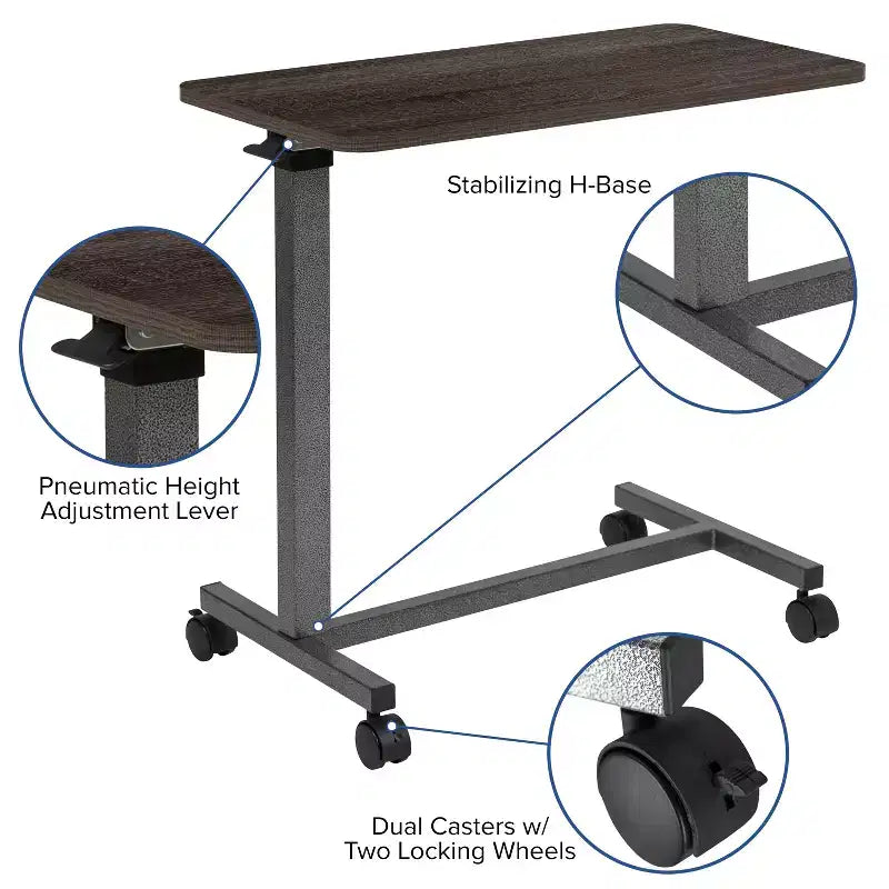 Table de lit roulante réglable avec roulettes, finition chêne foncé