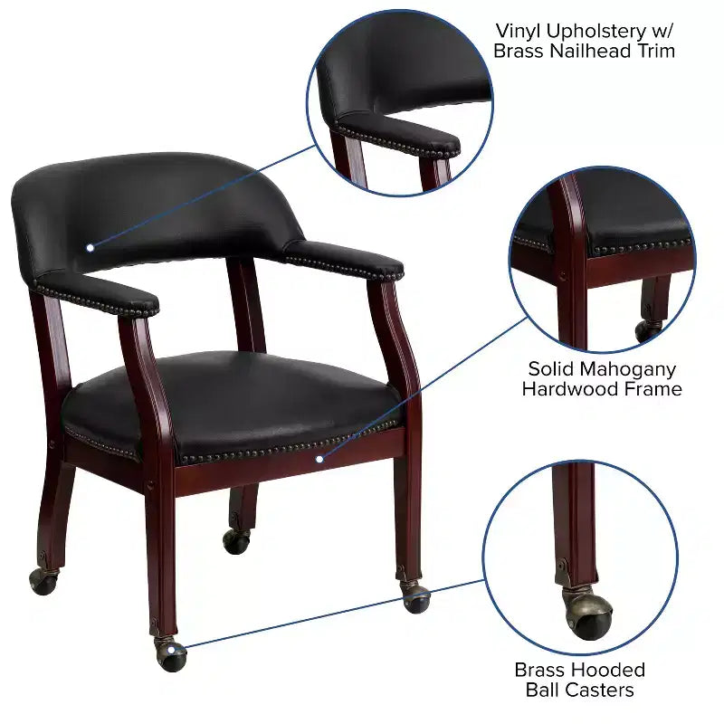 Chaise de conférence en vinyle noir avec clous décoratifs et roulettes
