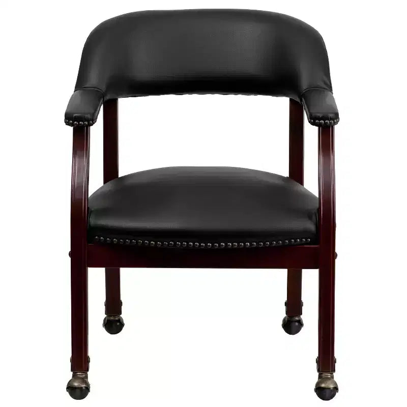 Chaise de conférence en vinyle noir avec clous décoratifs et roulettes