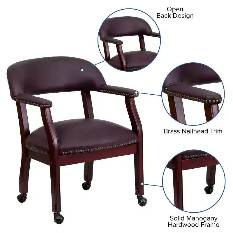 Chaise de conférence en vinyle noir avec clous décoratifs et roulettes