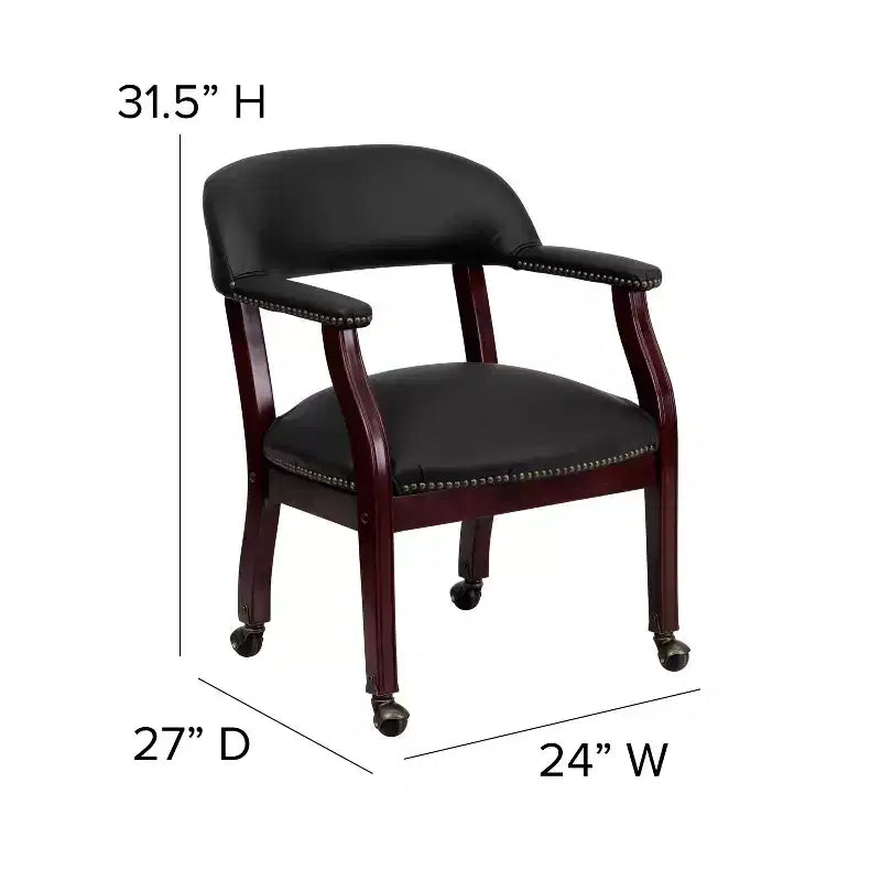 Chaise de conférence en vinyle noir avec clous décoratifs et roulettes