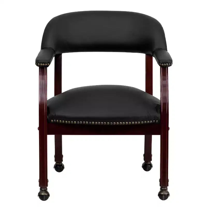 Chaise de conférence en vinyle noir avec clous décoratifs et roulettes