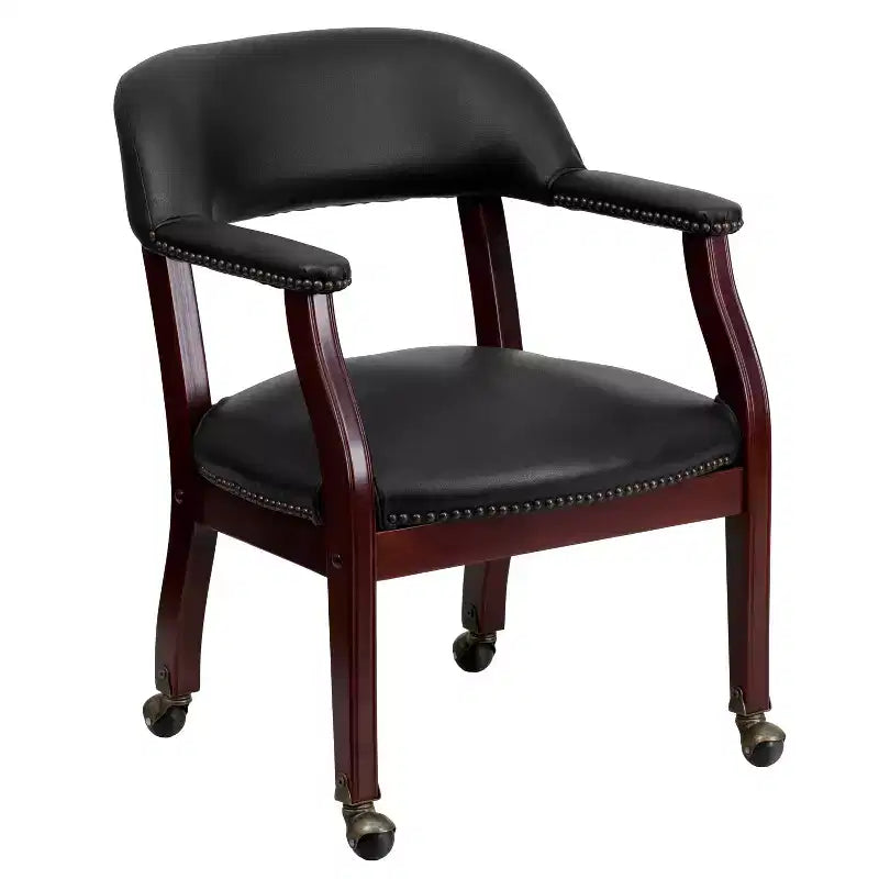 Chaise de conférence en vinyle noir avec clous décoratifs et roulettes