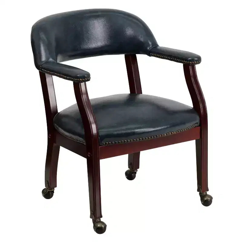 Chaise de conférence en vinyle noir avec clous décoratifs et roulettes