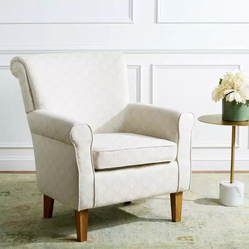 Fauteuil Club Rembourré, Imprimé Floral Rouge et Blanc, Coton/Lin