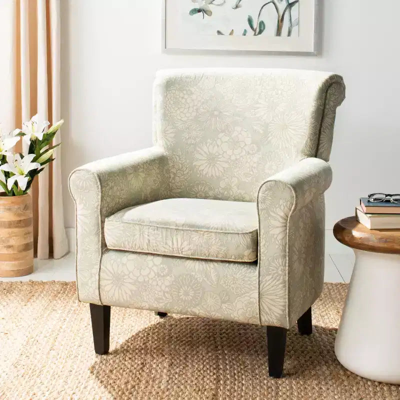 Fauteuil Club Rembourré, Imprimé Floral Rouge et Blanc, Coton/Lin