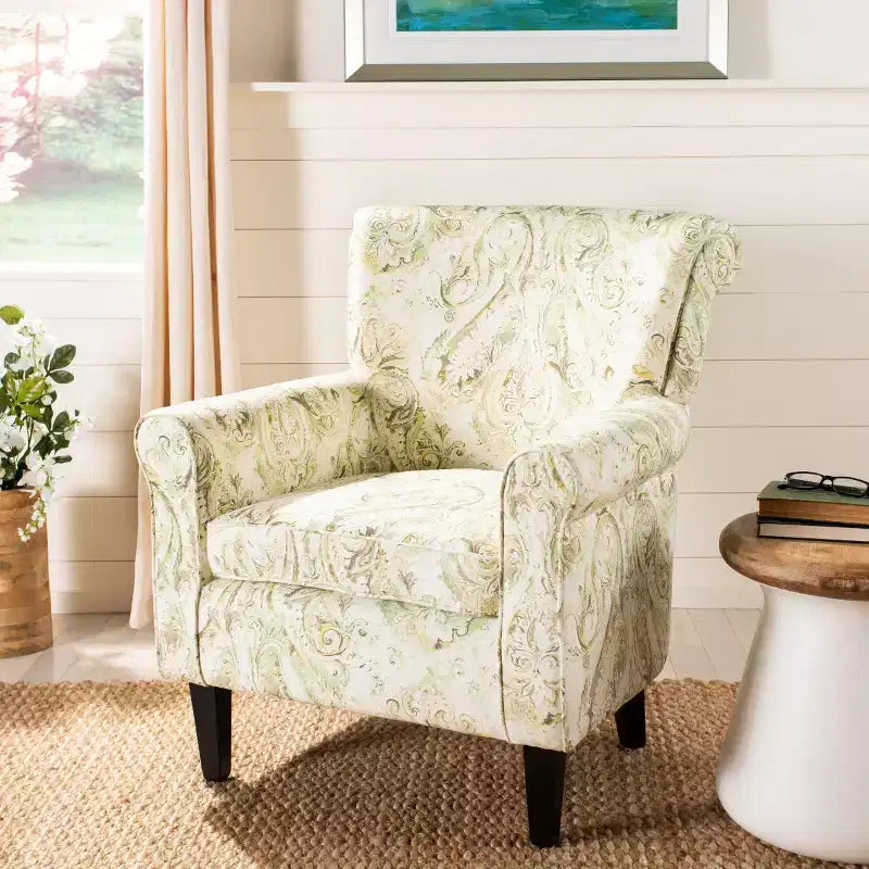 Fauteuil Club Rembourré, Imprimé Floral Rouge et Blanc, Coton/Lin