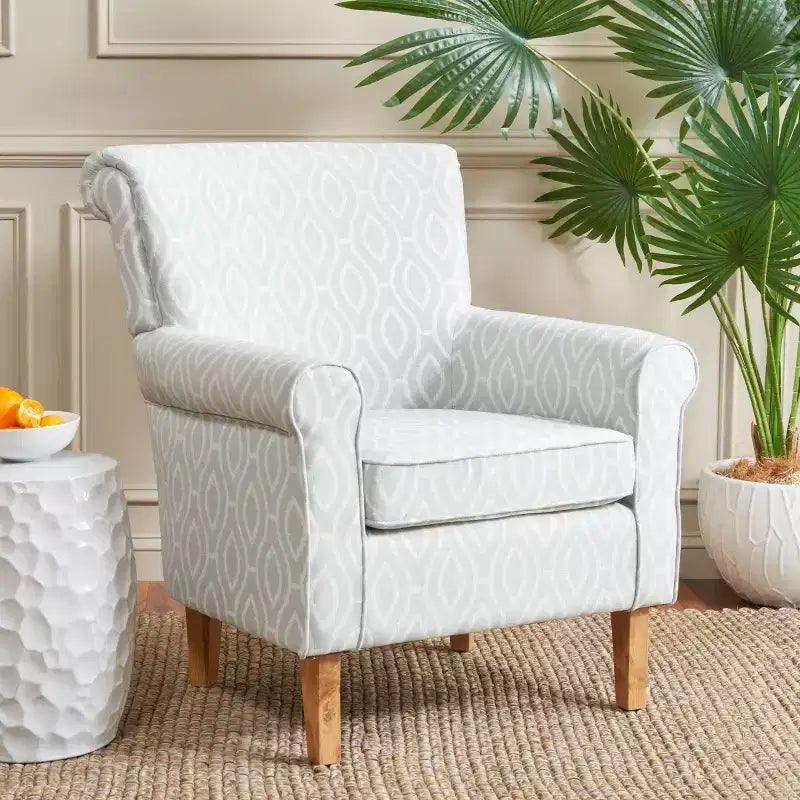 Fauteuil Club Rembourré, Imprimé Floral Rouge et Blanc, Coton/Lin