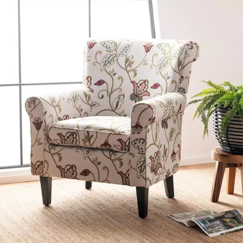 Fauteuil Club Rembourré, Imprimé Floral Rouge et Blanc, Coton/Lin