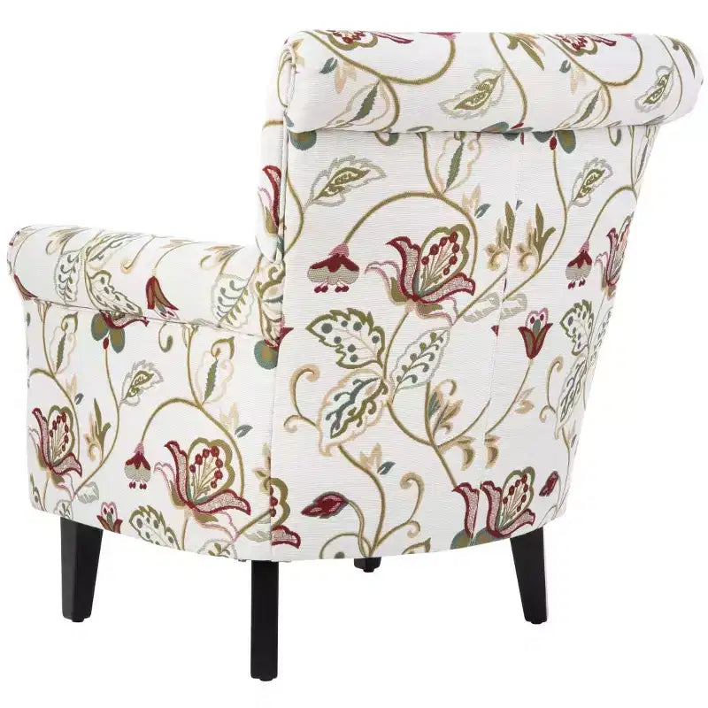 Fauteuil Club Rembourré, Imprimé Floral Rouge et Blanc, Coton/Lin