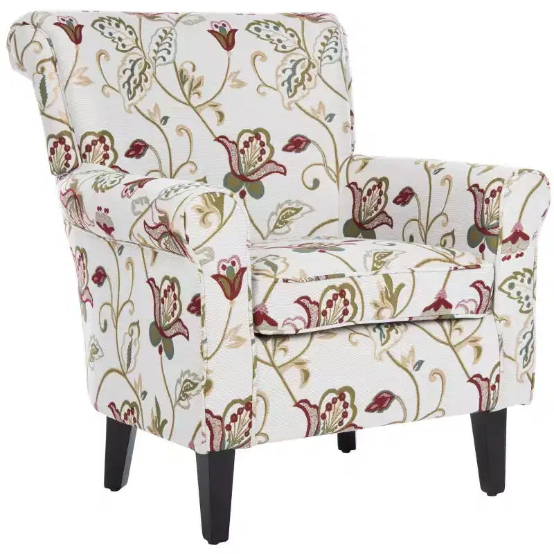 Fauteuil Club Rembourré, Imprimé Floral Rouge et Blanc, Coton/Lin