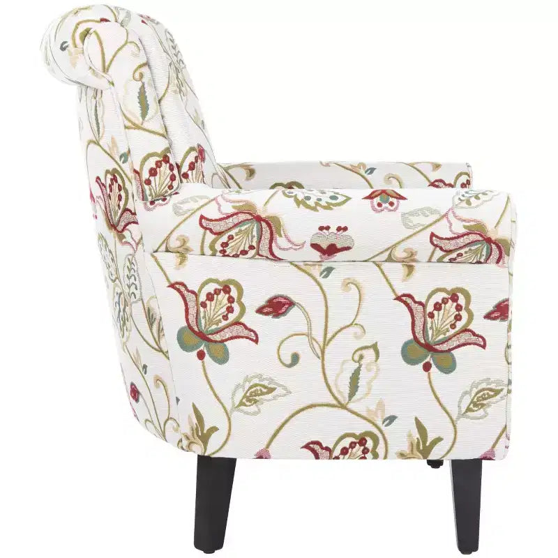 Fauteuil Club Rembourré, Imprimé Floral Rouge et Blanc, Coton/Lin
