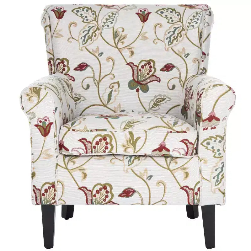 Fauteuil Club Rembourré, Imprimé Floral Rouge et Blanc, Coton/Lin