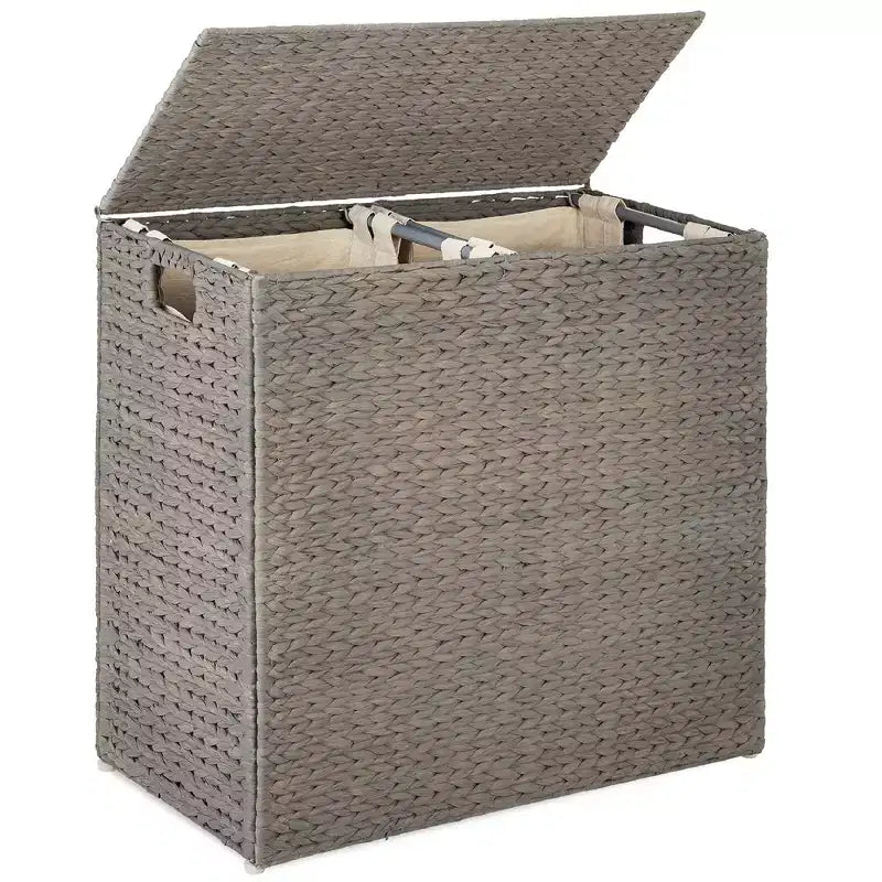 Grand panier à linge double en jacinthe d'eau naturelle avec 2 sacs de doublure