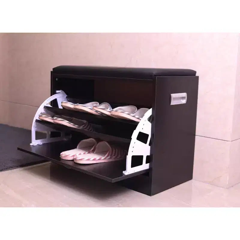 Banc de rangement pour chaussures en bois noir avec coussin en cuir