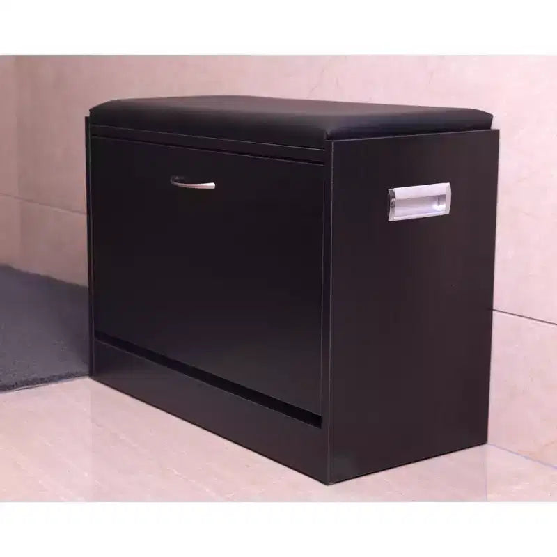Banc de rangement pour chaussures en bois noir avec coussin en cuir