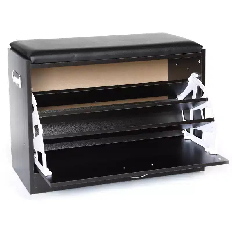 Banc de rangement pour chaussures en bois noir avec coussin en cuir